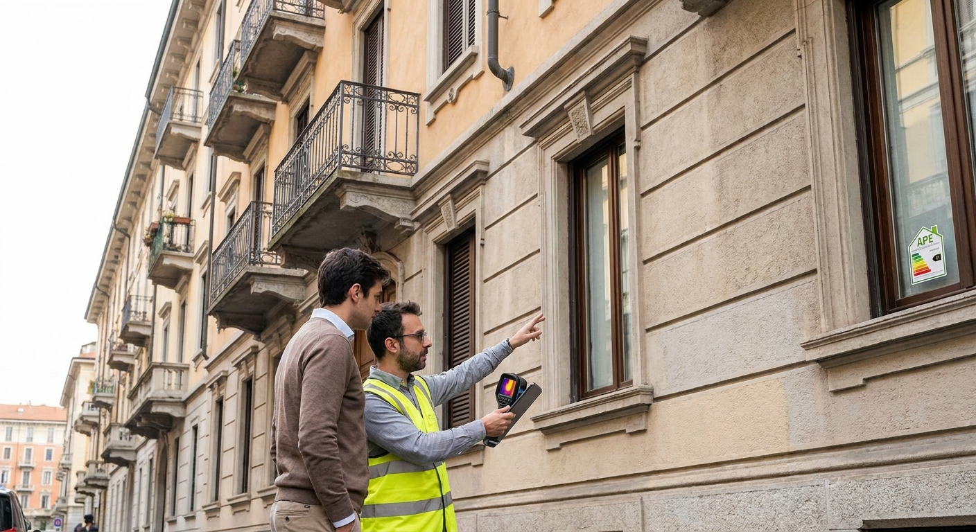 certified technician inspecting Milano apartment building facade