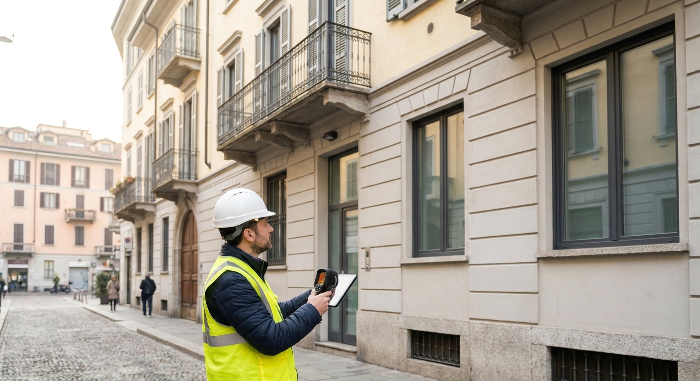 certified technician inspecting Milano apartment building facade