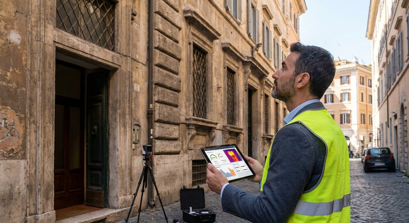 historical Roma palazzo with energy audit equipment