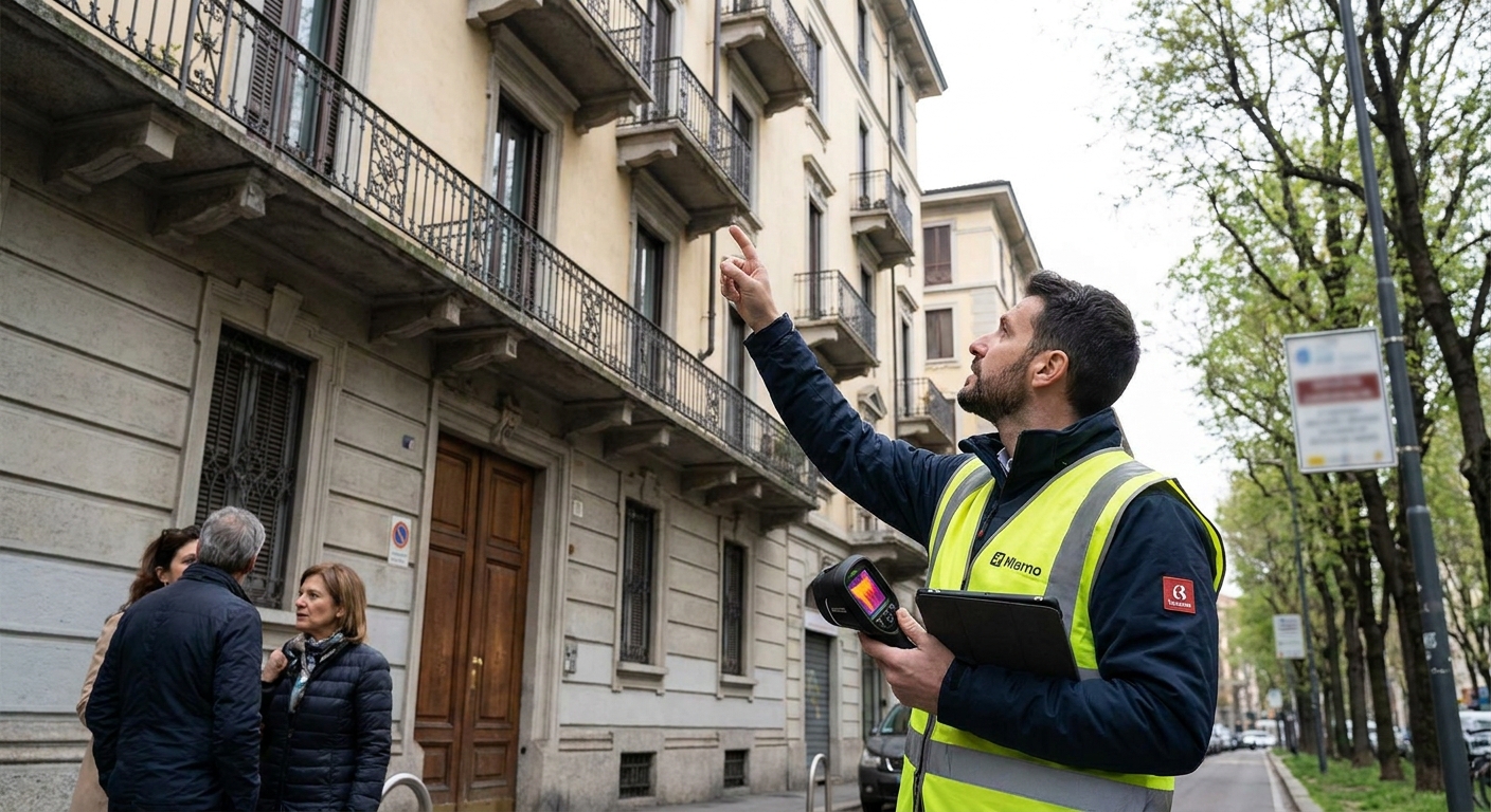 certified technician inspecting Milano apartment building facade