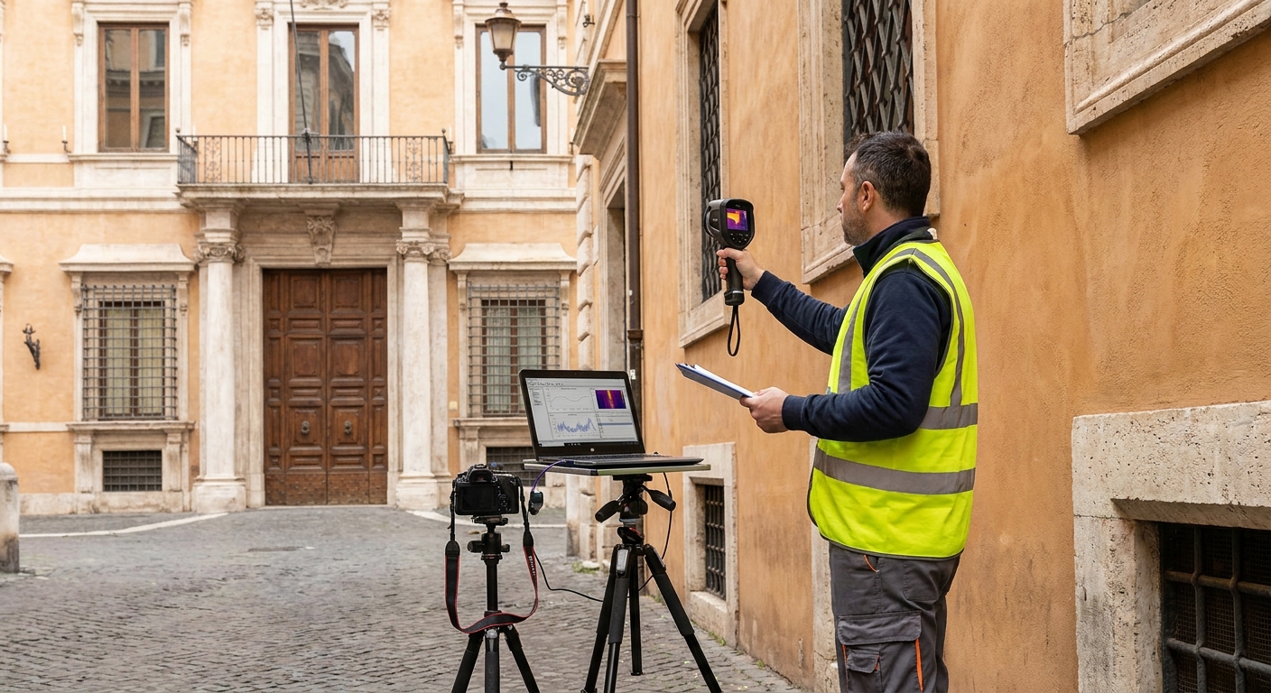 historical Roma palazzo with energy audit equipment