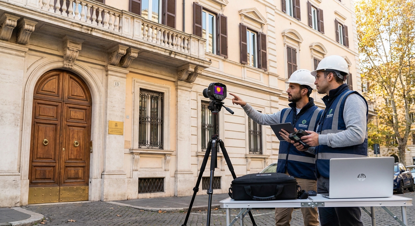 historical Roma palazzo with energy audit equipment
