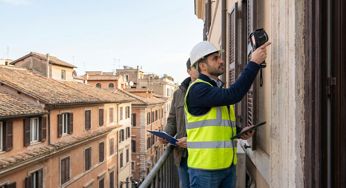 historical Roma palazzo with energy audit equipment