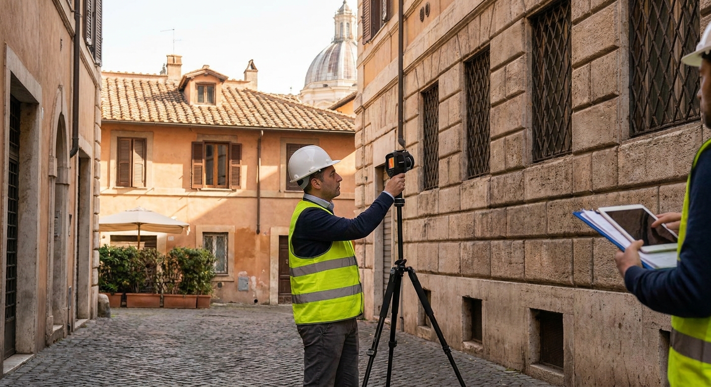 historical Roma palazzo with energy audit equipment