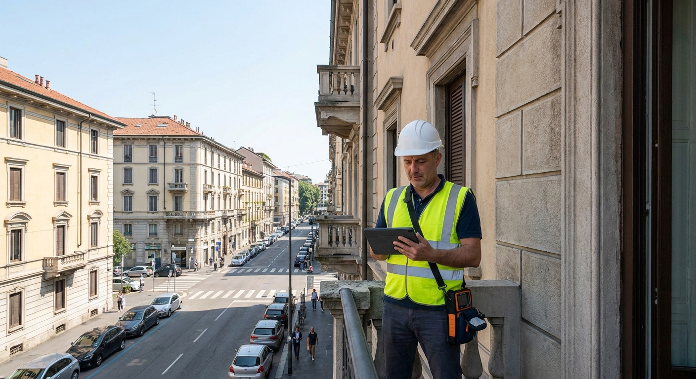 certified technician inspecting Milano apartment building facade