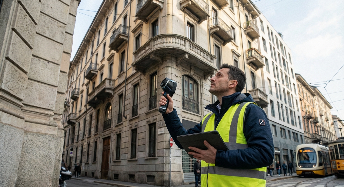 certified technician inspecting Milano apartment building facade