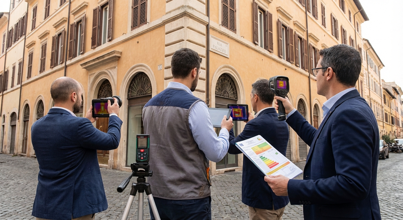 historical Roma palazzo with energy audit equipment