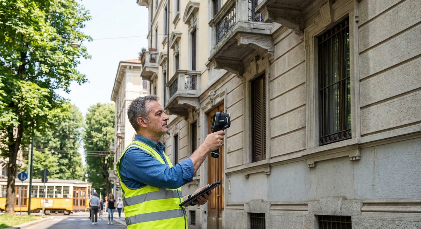 certified technician inspecting Milano apartment building facade
