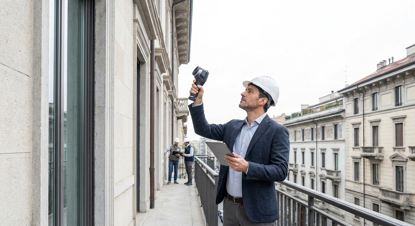 certified technician inspecting Milano apartment building facade