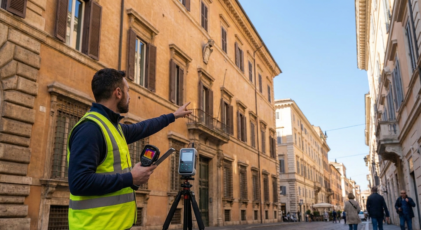 historical Roma palazzo with energy audit equipment