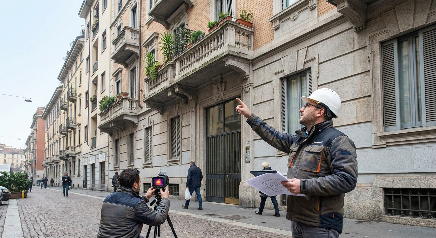 certified technician inspecting Milano apartment building facade