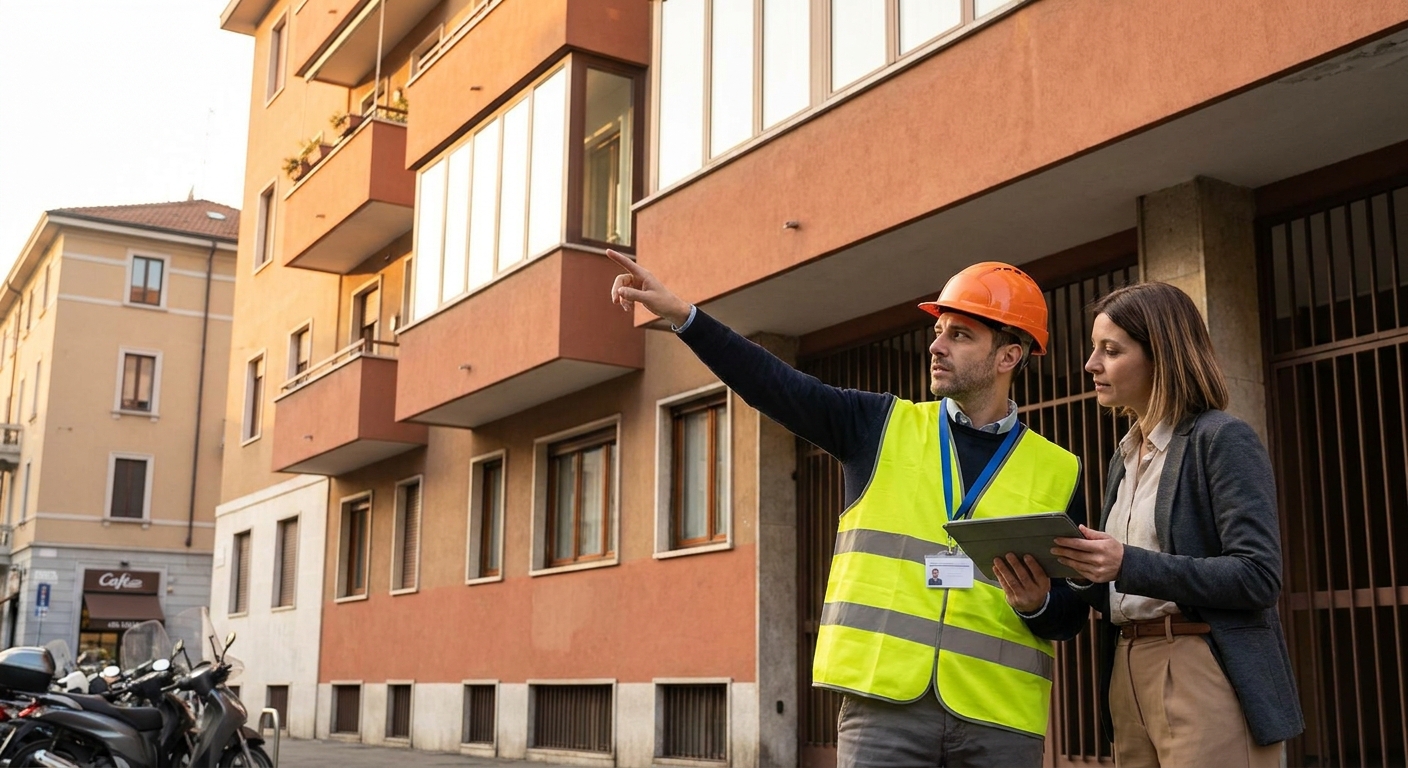 certified technician inspecting Milano apartment building facade