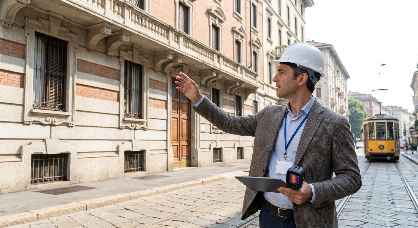 certified technician inspecting Milano apartment building facade