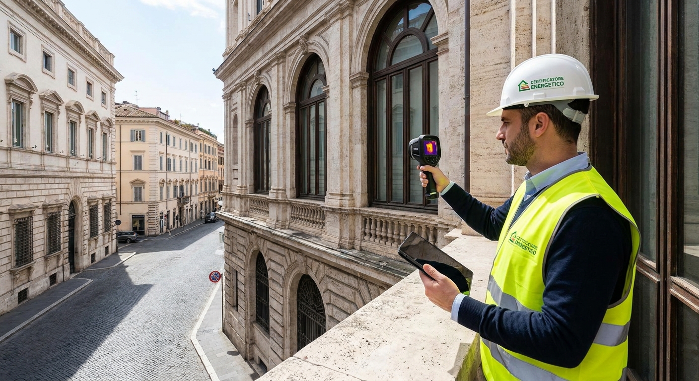historical Roma palazzo with energy audit equipment