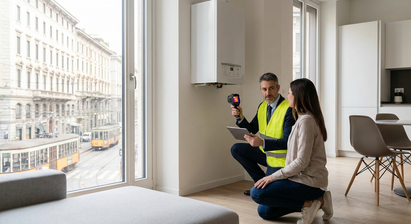 Certified engineer inspecting heating system in a residential apartment in Milan