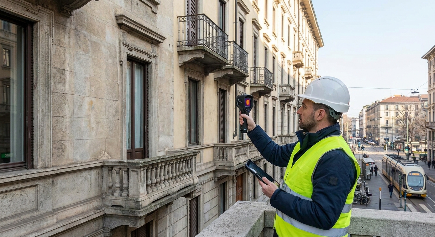 certified technician inspecting Milano apartment building facade