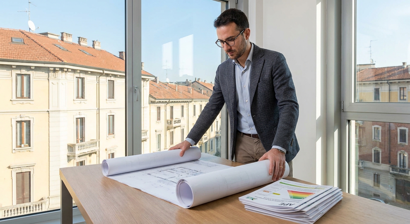 architect reviewing building blueprints and energy efficiency documents