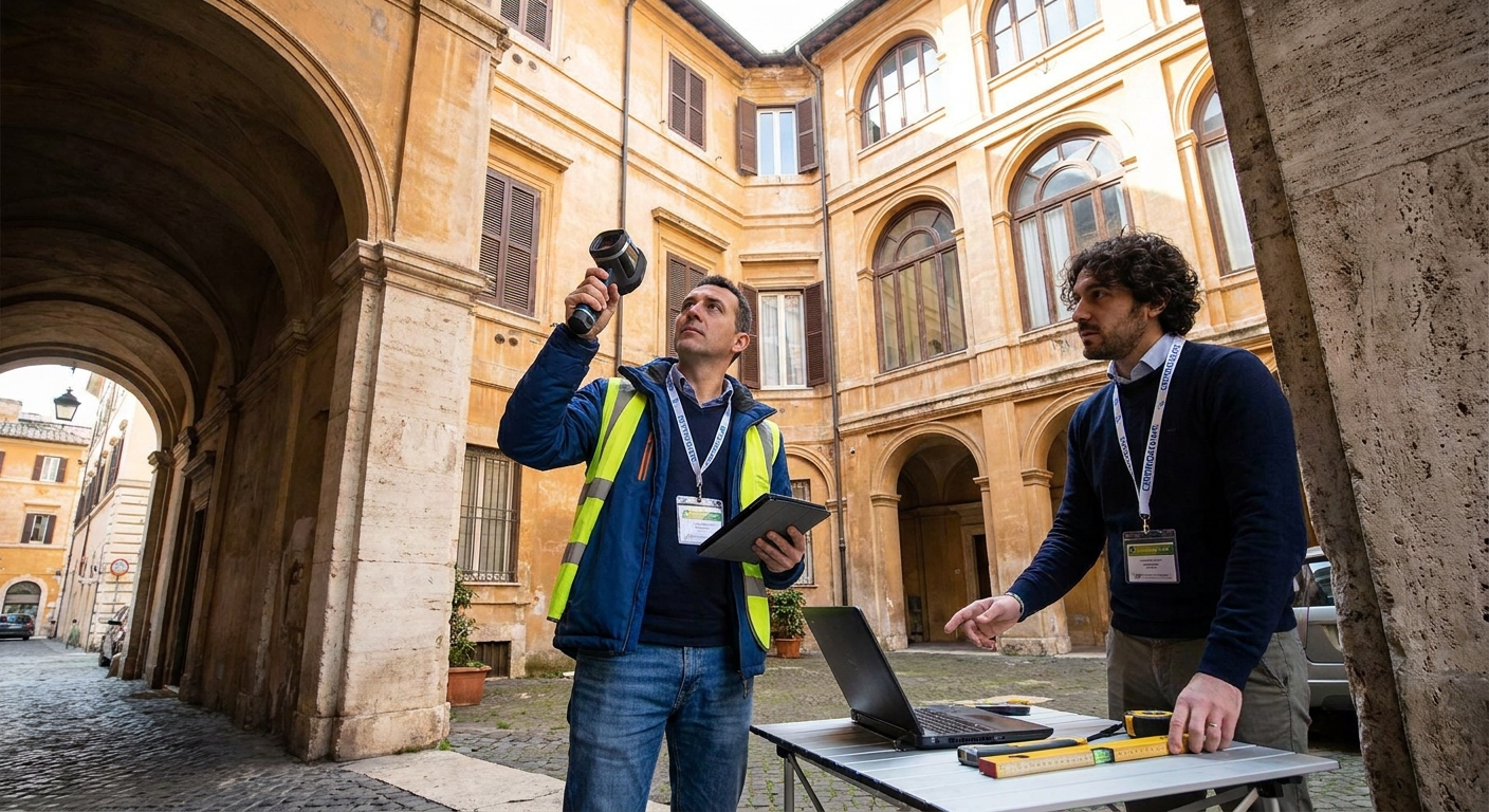 historical Roma palazzo with energy audit equipment