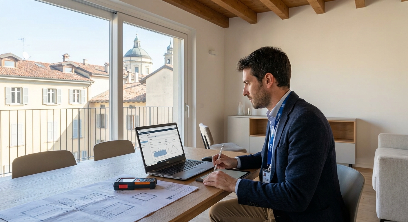 certified technician using CENED software on laptop in Bergamo apartment