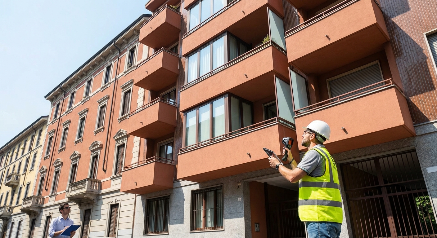 certified technician inspecting Milano apartment building facade