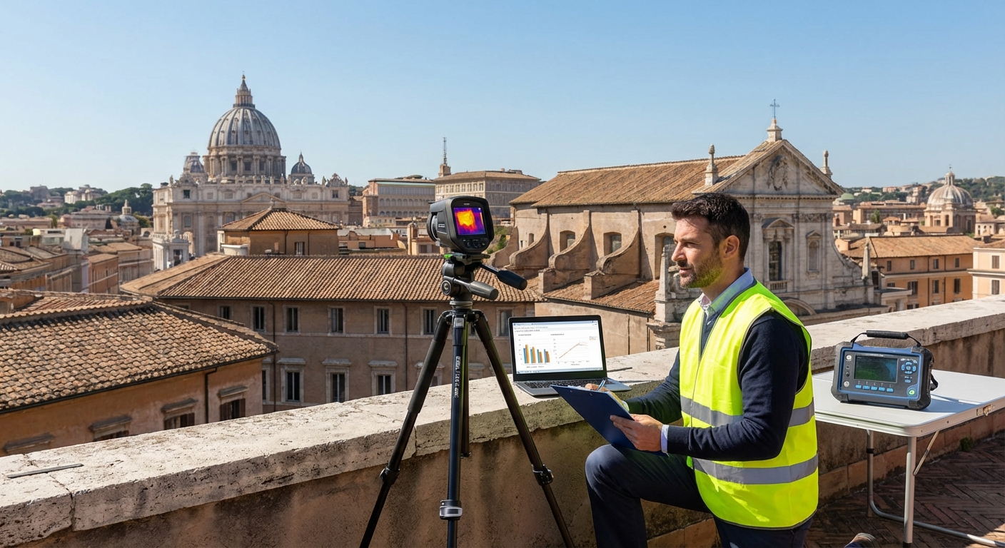 historical Roma palazzo with energy audit equipment