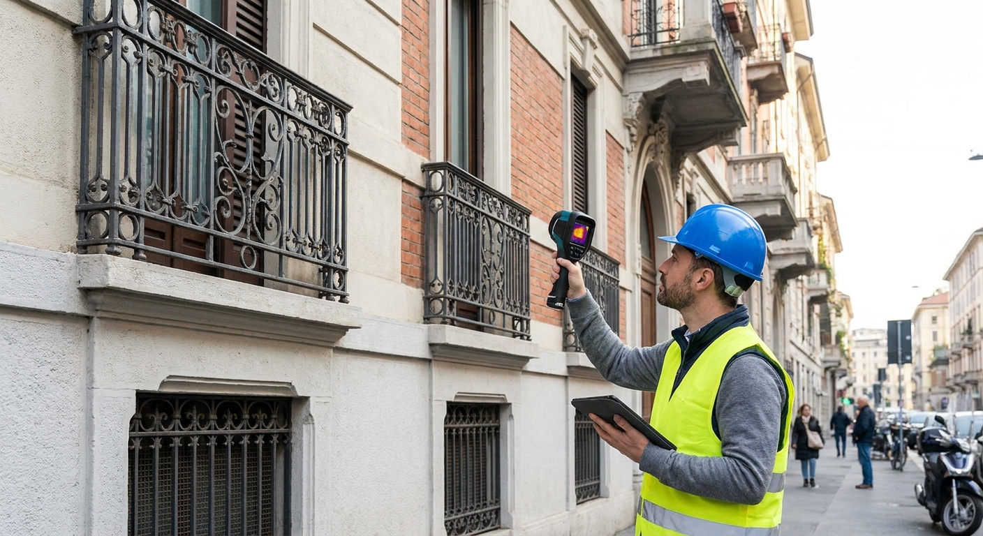 certified technician inspecting Milano apartment building facade
