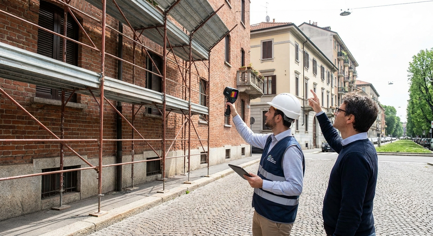 certified technician inspecting Milano apartment building facade