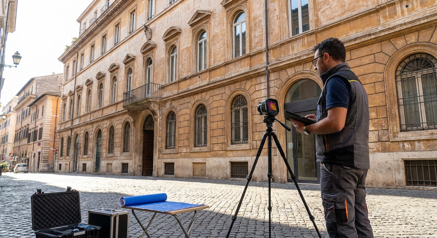 historical Roma palazzo with energy audit equipment