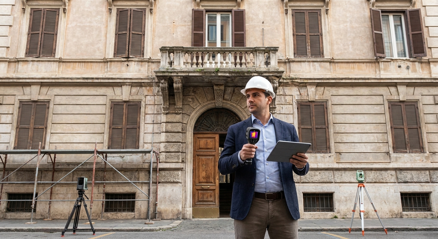historical Roma palazzo with energy audit equipment
