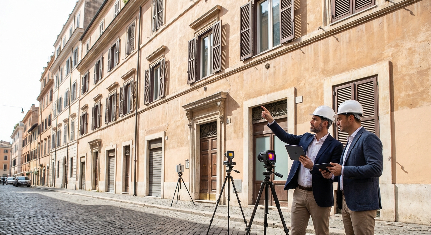 historical Roma palazzo with energy audit equipment