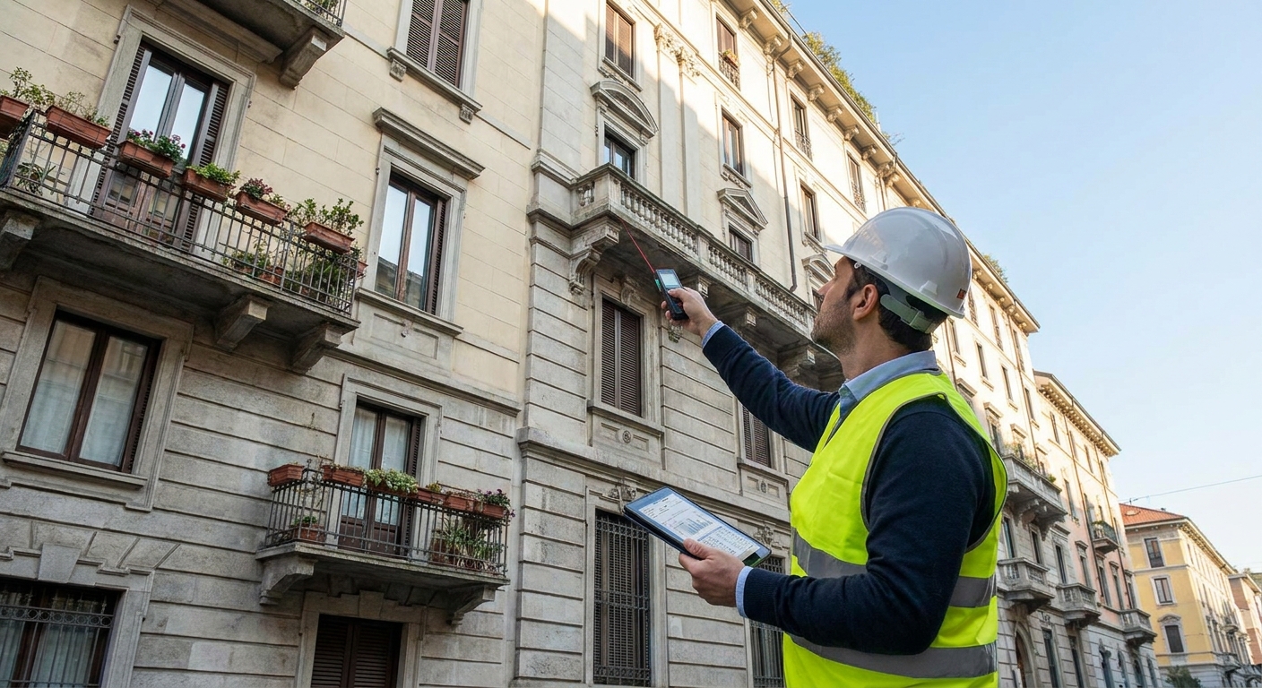 certified technician inspecting Milano apartment building facade