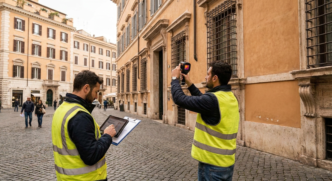historical Roma palazzo with energy audit equipment
