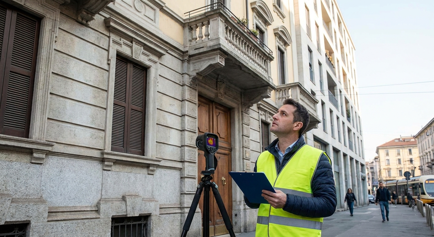 certified technician inspecting Milano apartment building facade
