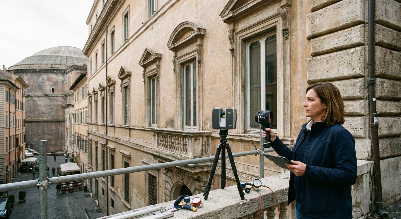 historical Roma palazzo with energy audit equipment