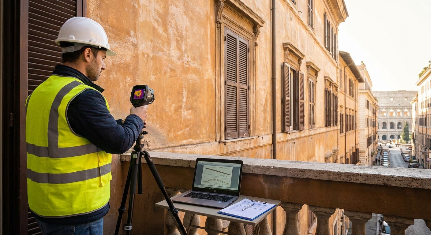 historical Roma palazzo with energy audit equipment