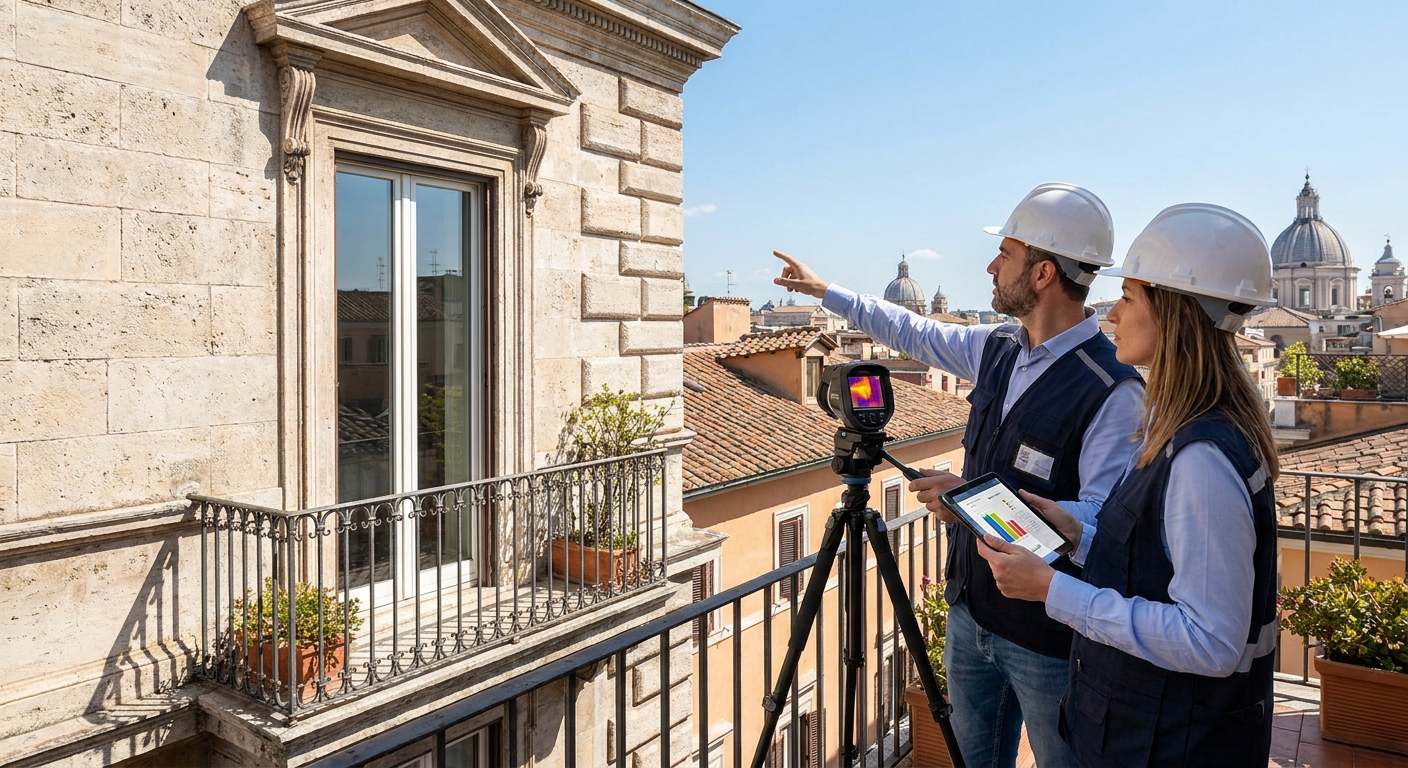 historical Roma palazzo with energy audit equipment