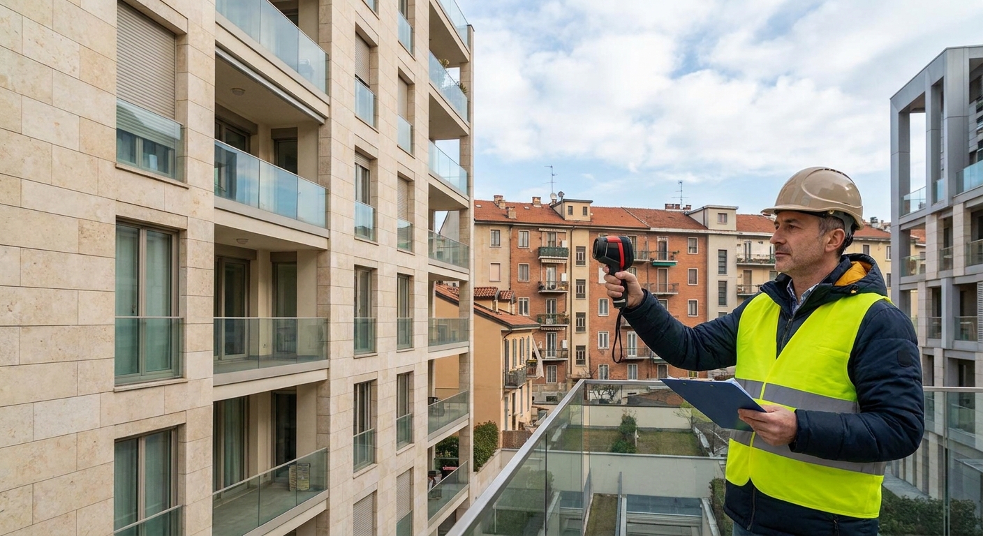 certified technician inspecting Milano apartment building facade